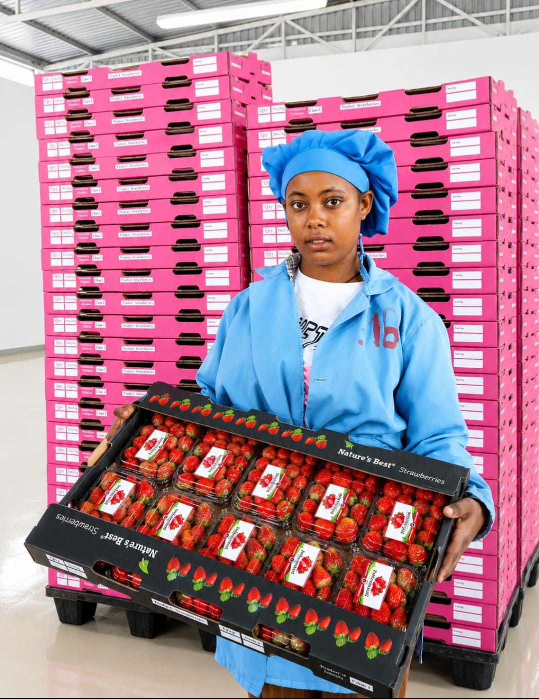 Beeco packhouse team member holding a tray of packed strawberry punnets